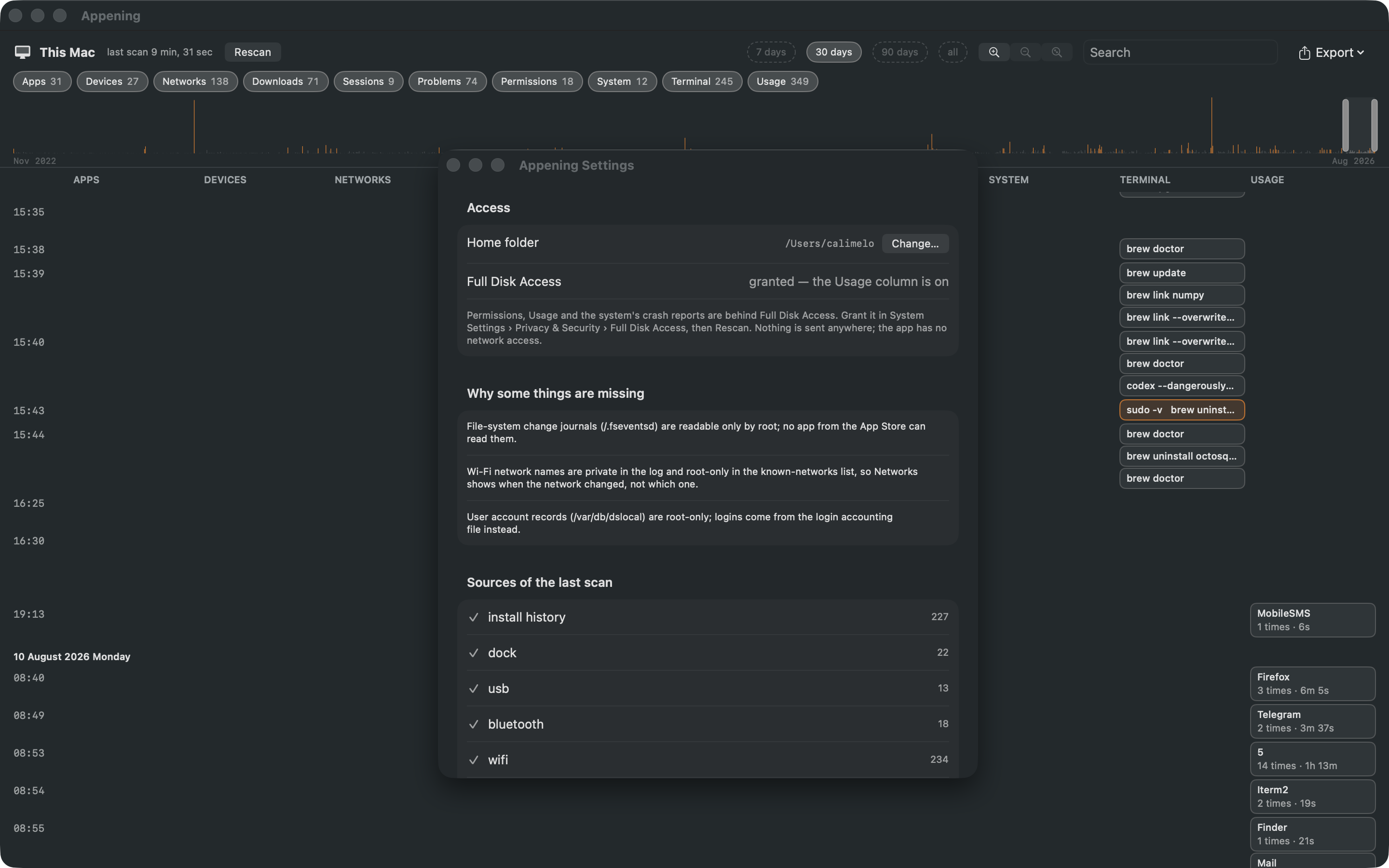 Settings: the granted home folder, Full Disk Access state with a button to System Settings, why some things are missing, and the sources of the last scan with counts