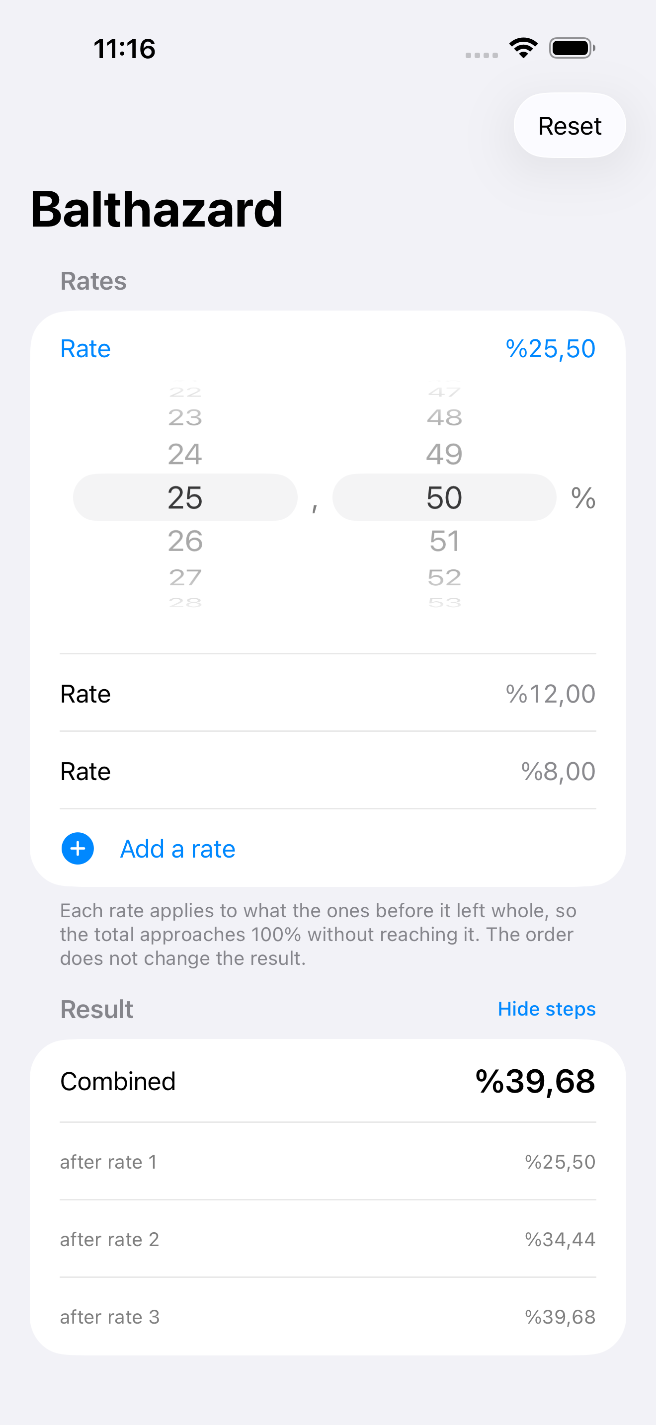 A rate being set on two wheels: whole percent and hundredths