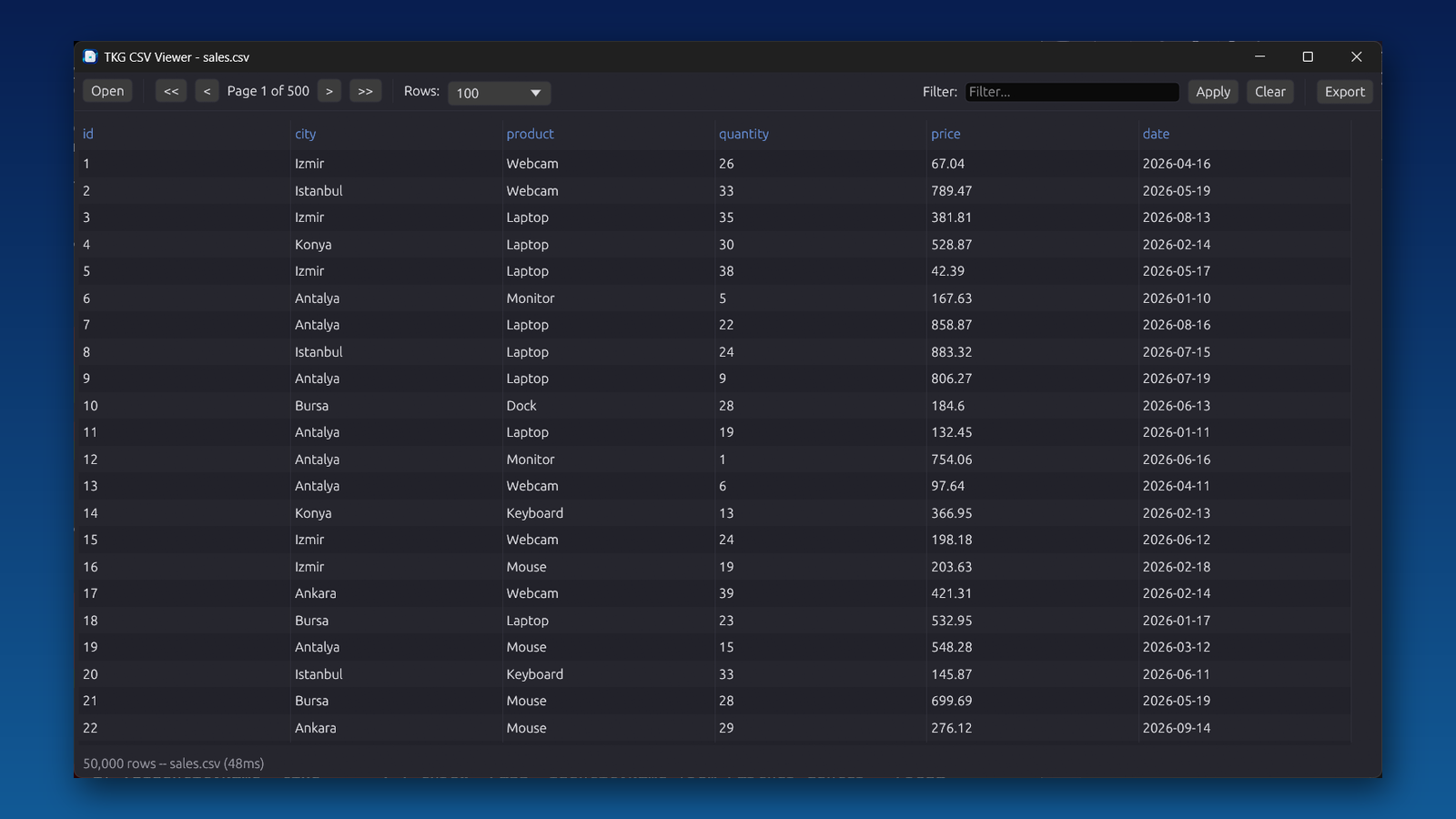 TKG CSV Viewer on Windows showing 50,000 rows of a sales CSV file