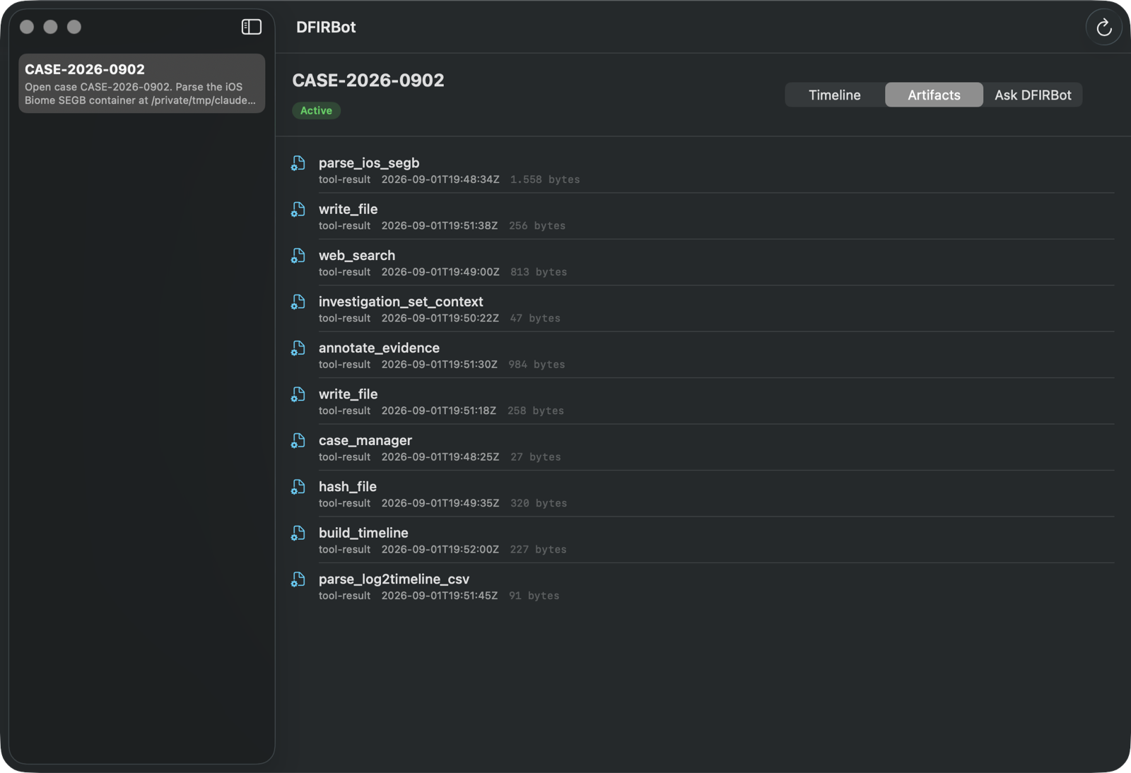 Native macOS app listing case artifacts with sizes