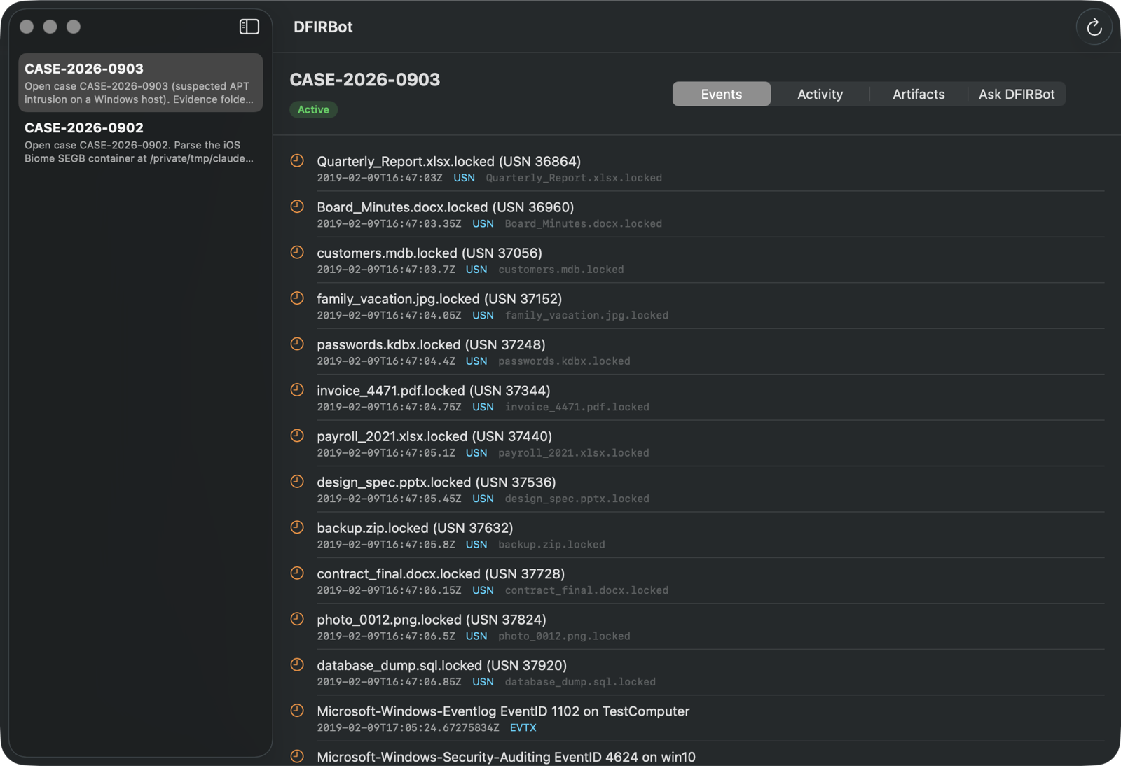 Native macOS app showing the case timeline
