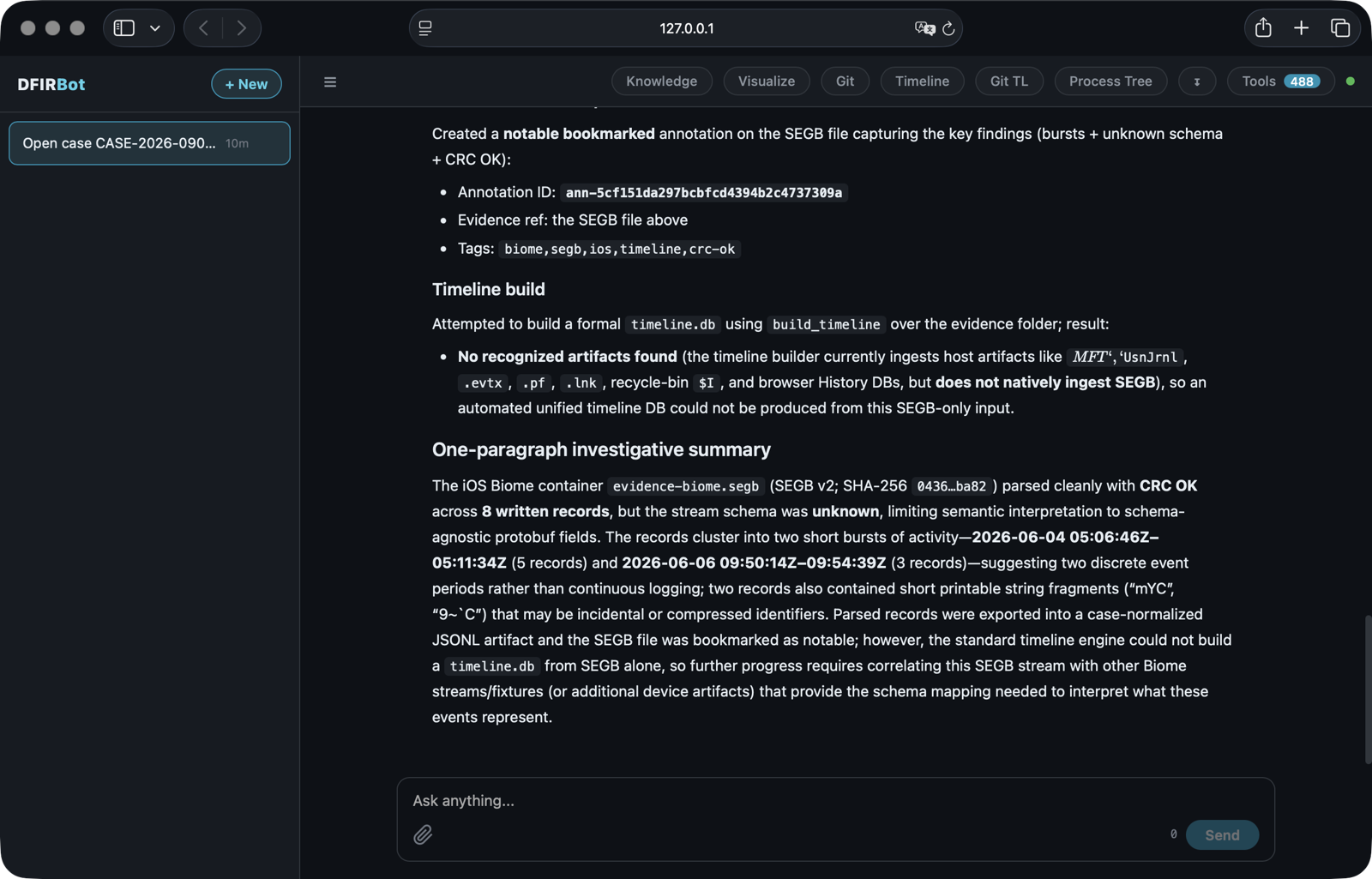 A DFIRBot investigation session: SEGB parse results, notable annotations, and the investigative summary