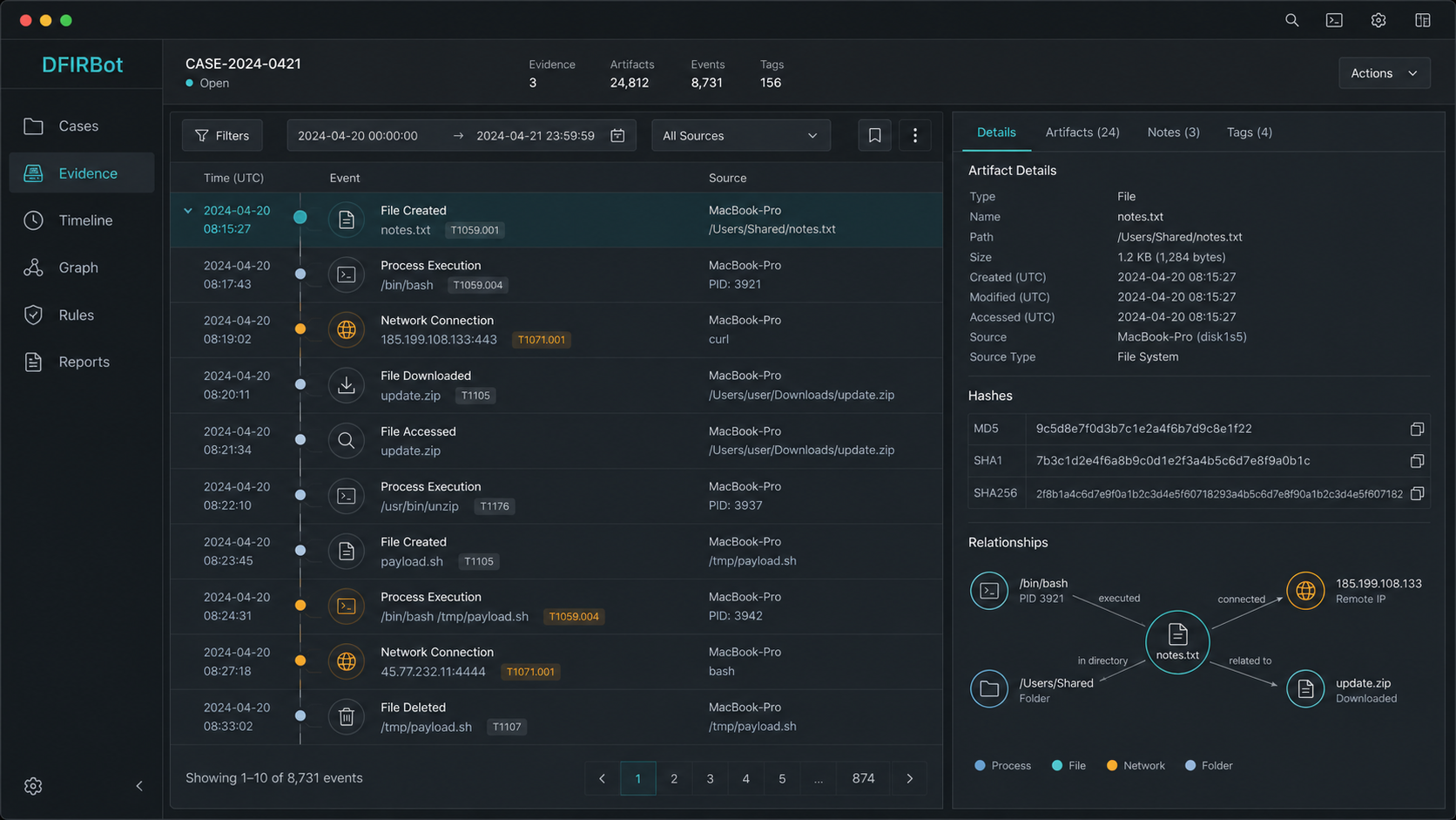 DFIRBot Pro evidence timeline and artifact workspace