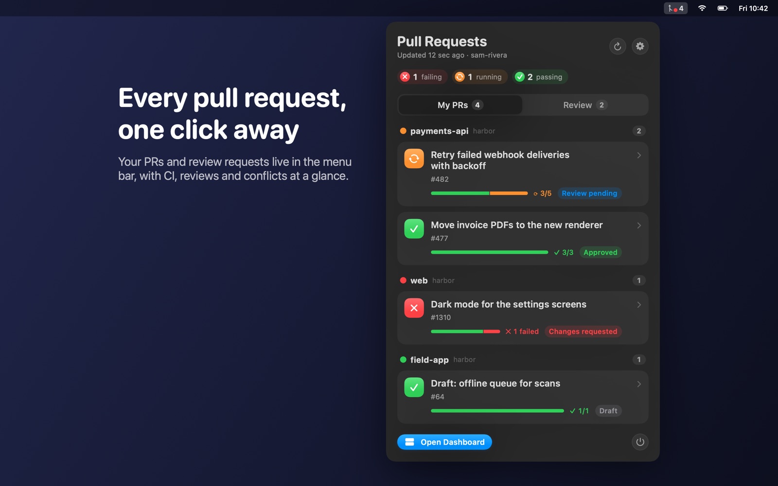 The menu bar panel: pull requests grouped by repository, each with a check progress bar and review state