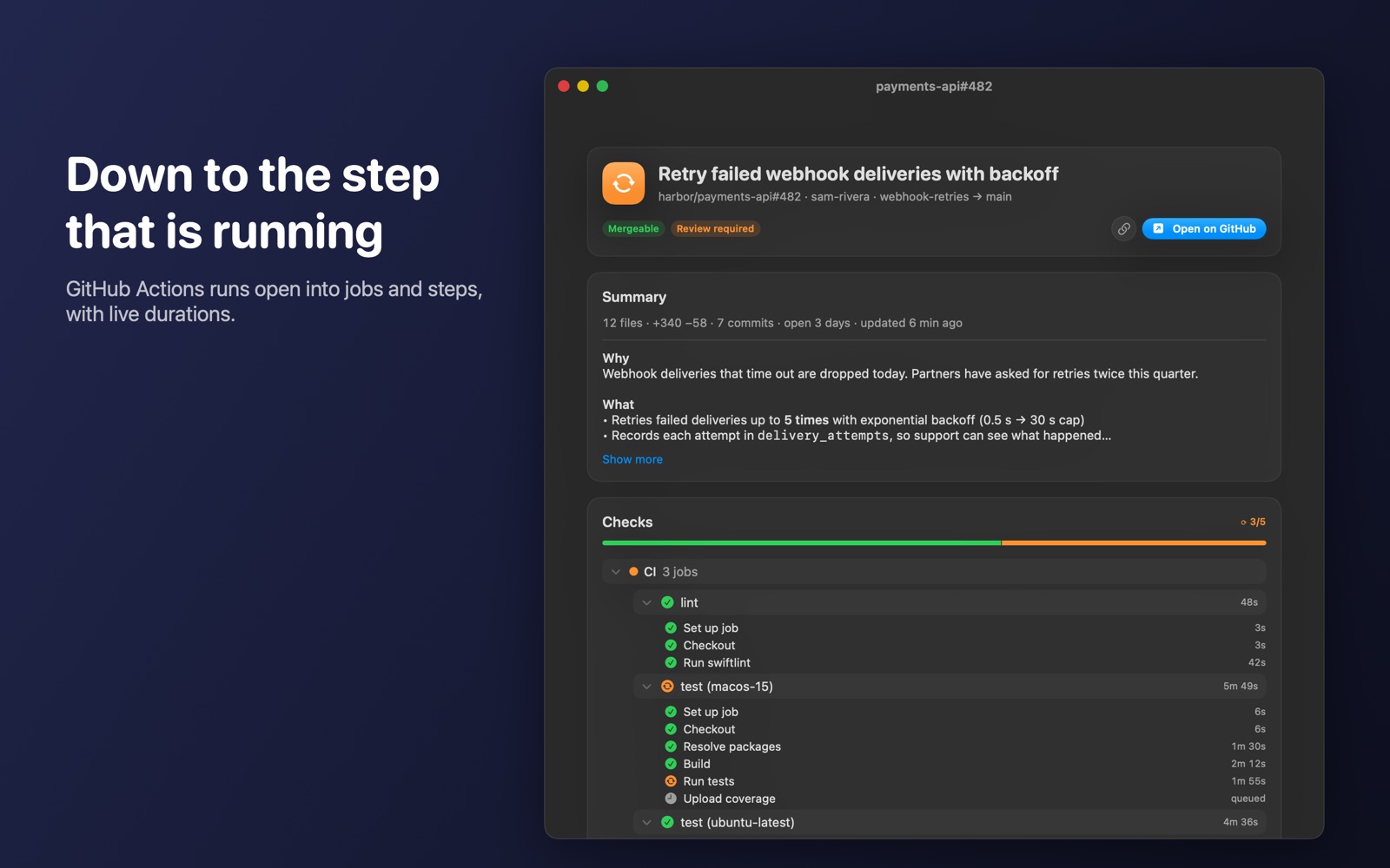 A pull request opened: its summary, then GitHub Actions runs expanded into jobs and steps with durations