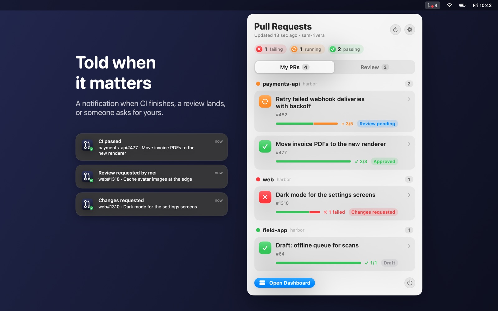 Notifications for CI passing, a review request and requested changes beside the menu panel in light mode