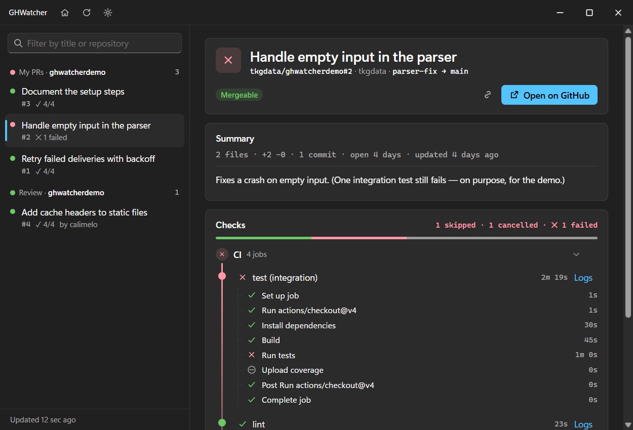 A pull request on Windows: summary, then a failing CI run as a rail with the failed job open on its steps