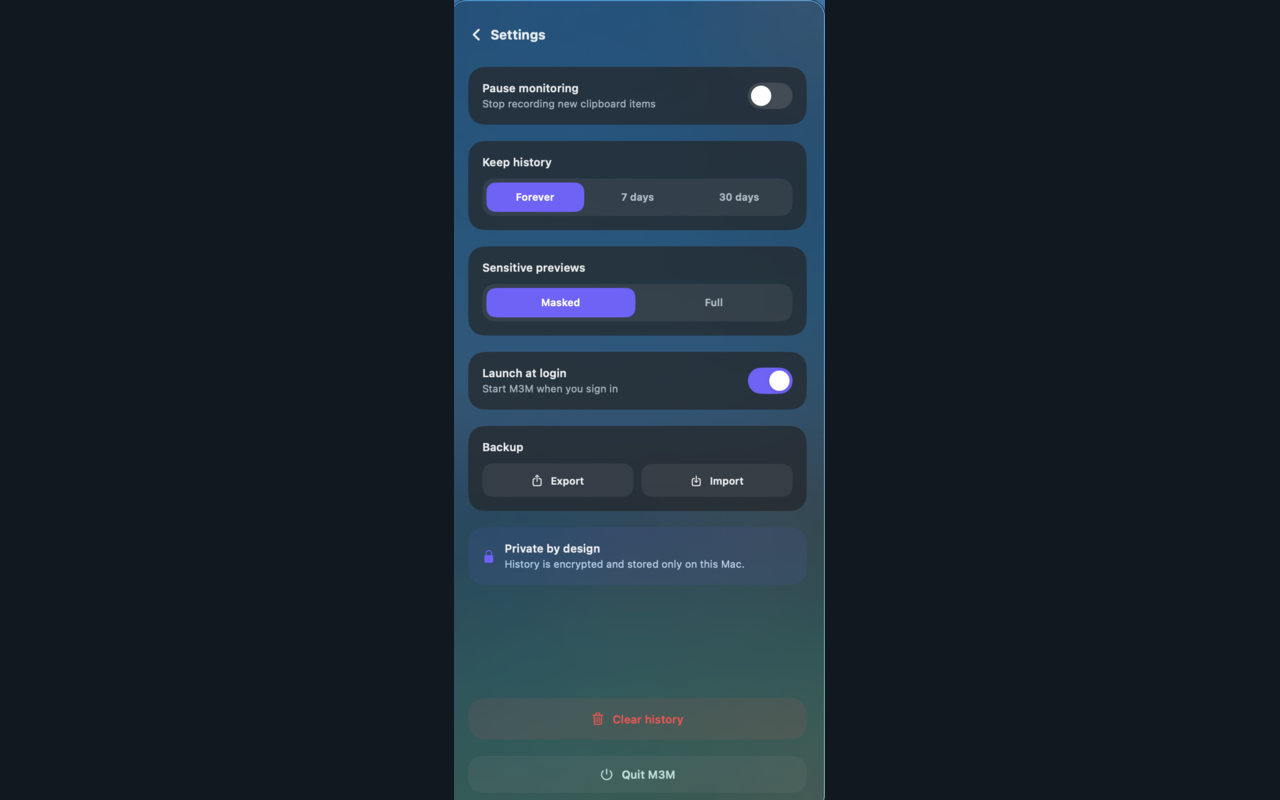 M3M settings with backup and privacy controls