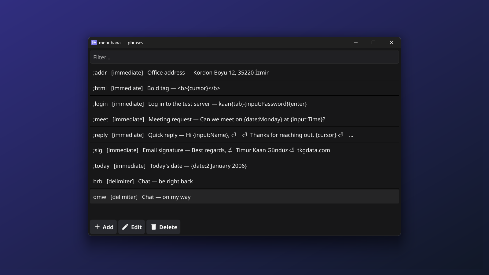 The phrase list: abbreviations such as ;addr, ;sig and brb with their triggers, labels and text