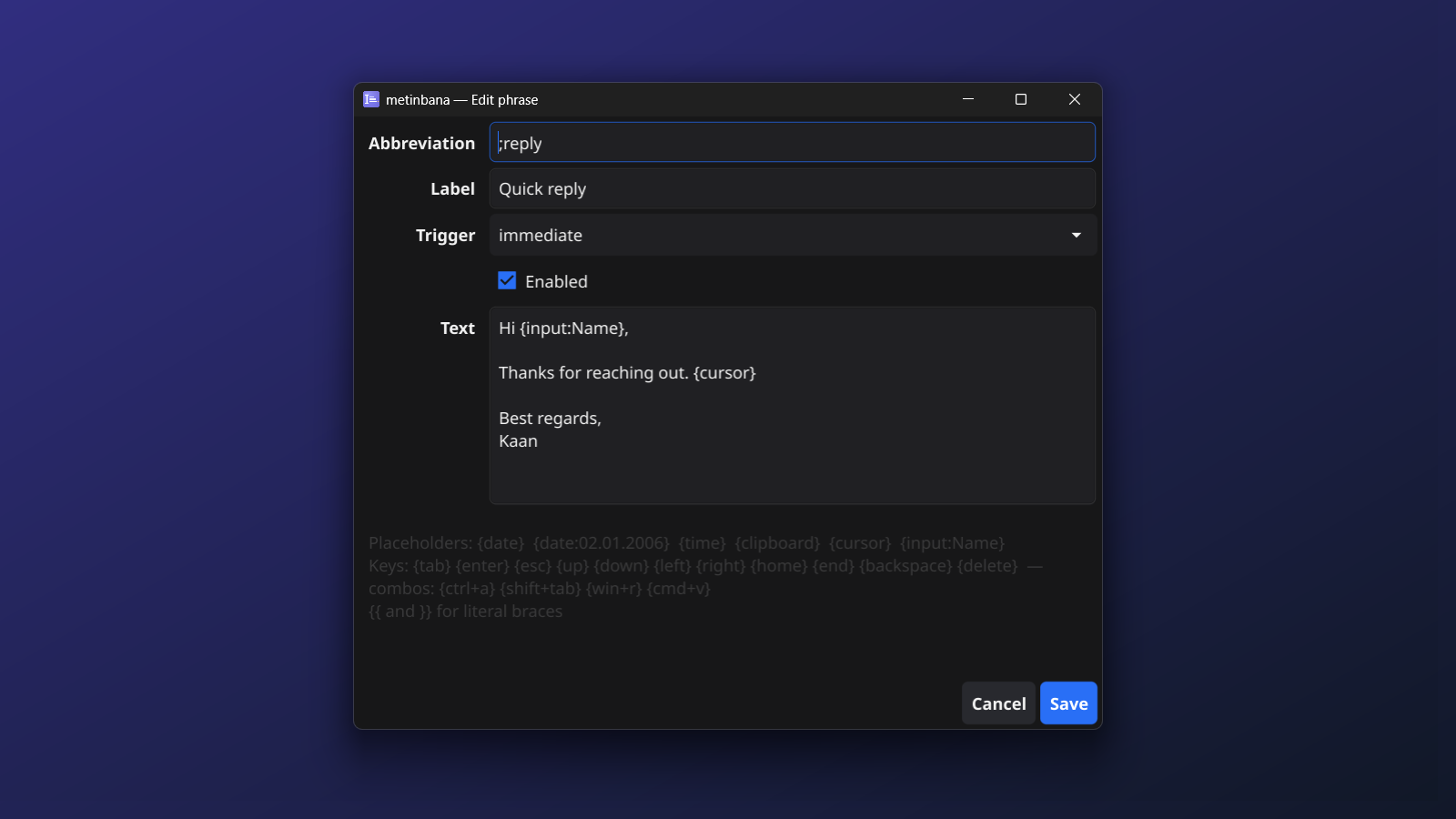 Editing the ;reply phrase: abbreviation, label, trigger and multi-line text with placeholders