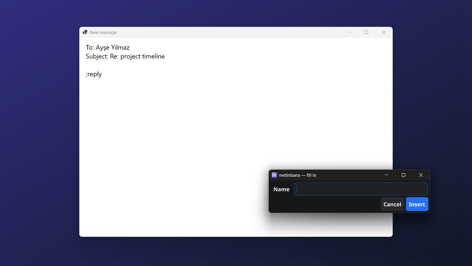 An email reply in progress: the abbreviation ;reply typed, and a small metinbana window asking for a Name