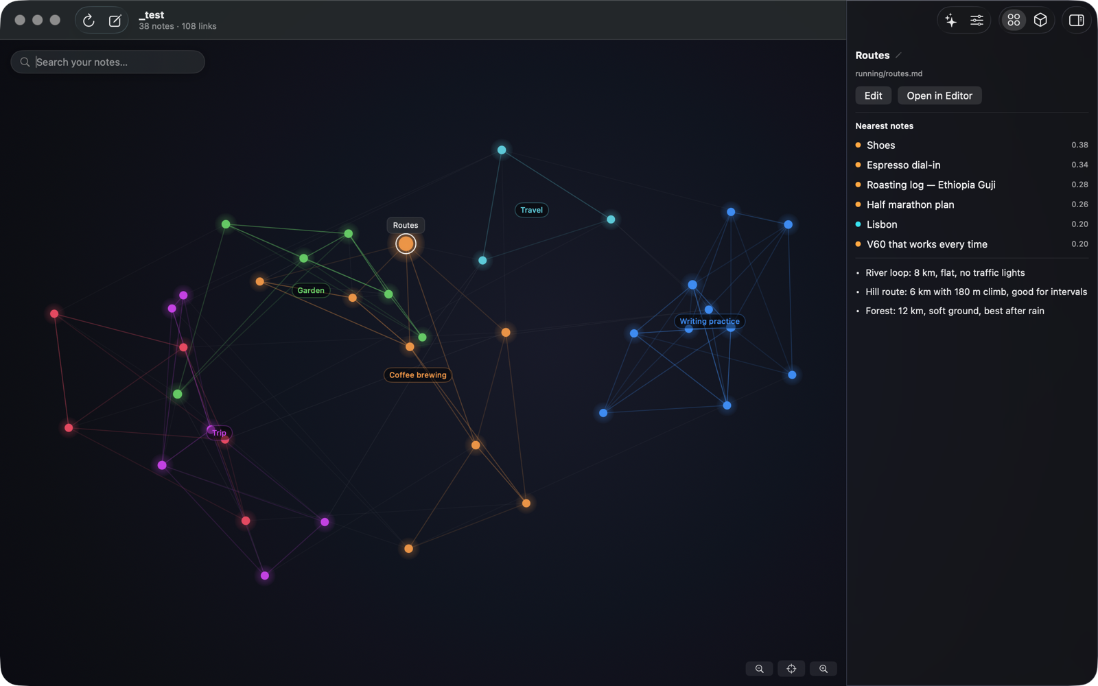 A note open beside the map: its nearest notes with similarity scores, and the note itself rendered from Markdown