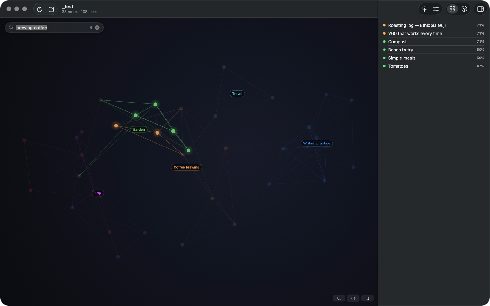 A search running: the map dimmed except the region that answers, and the results ranked beside it