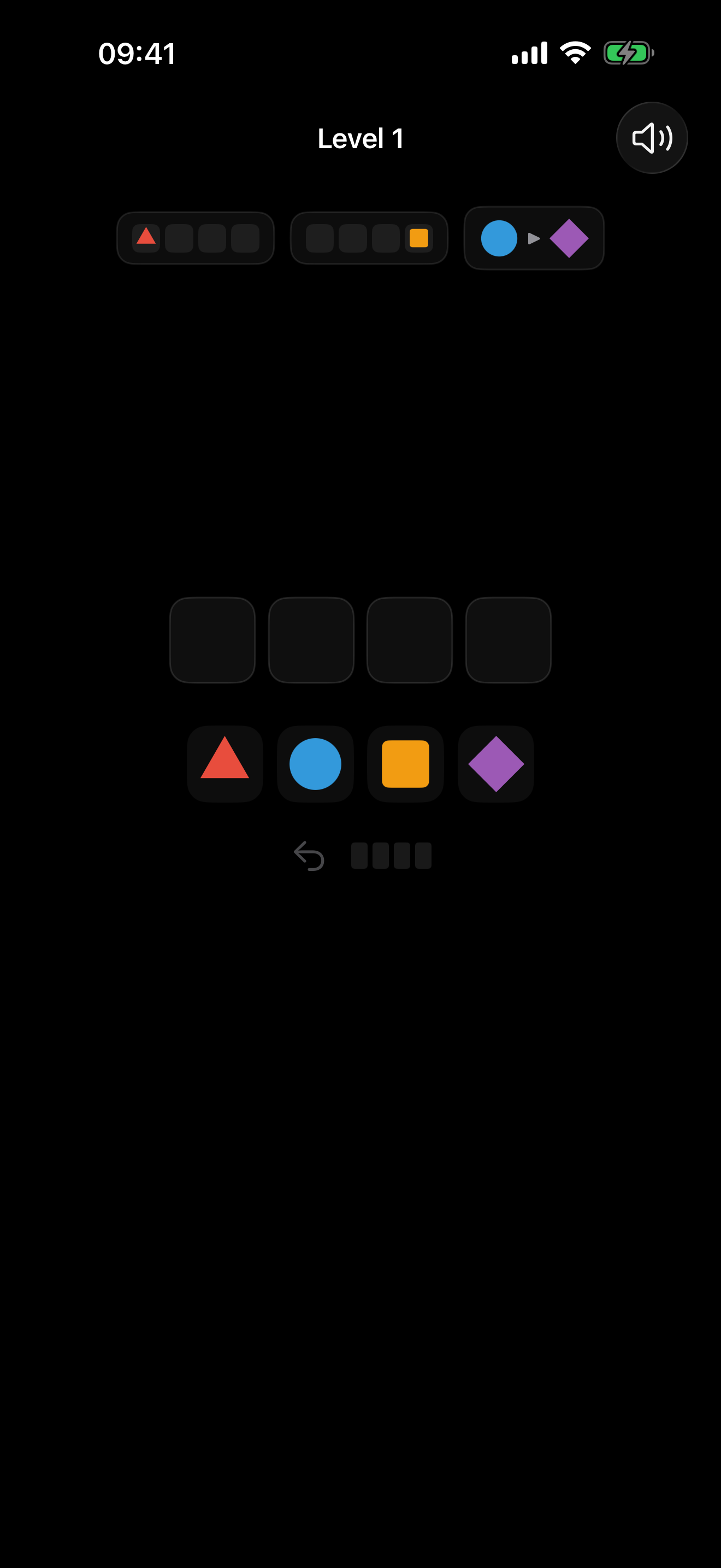 The first level: four shapes, three picture rules, an empty row