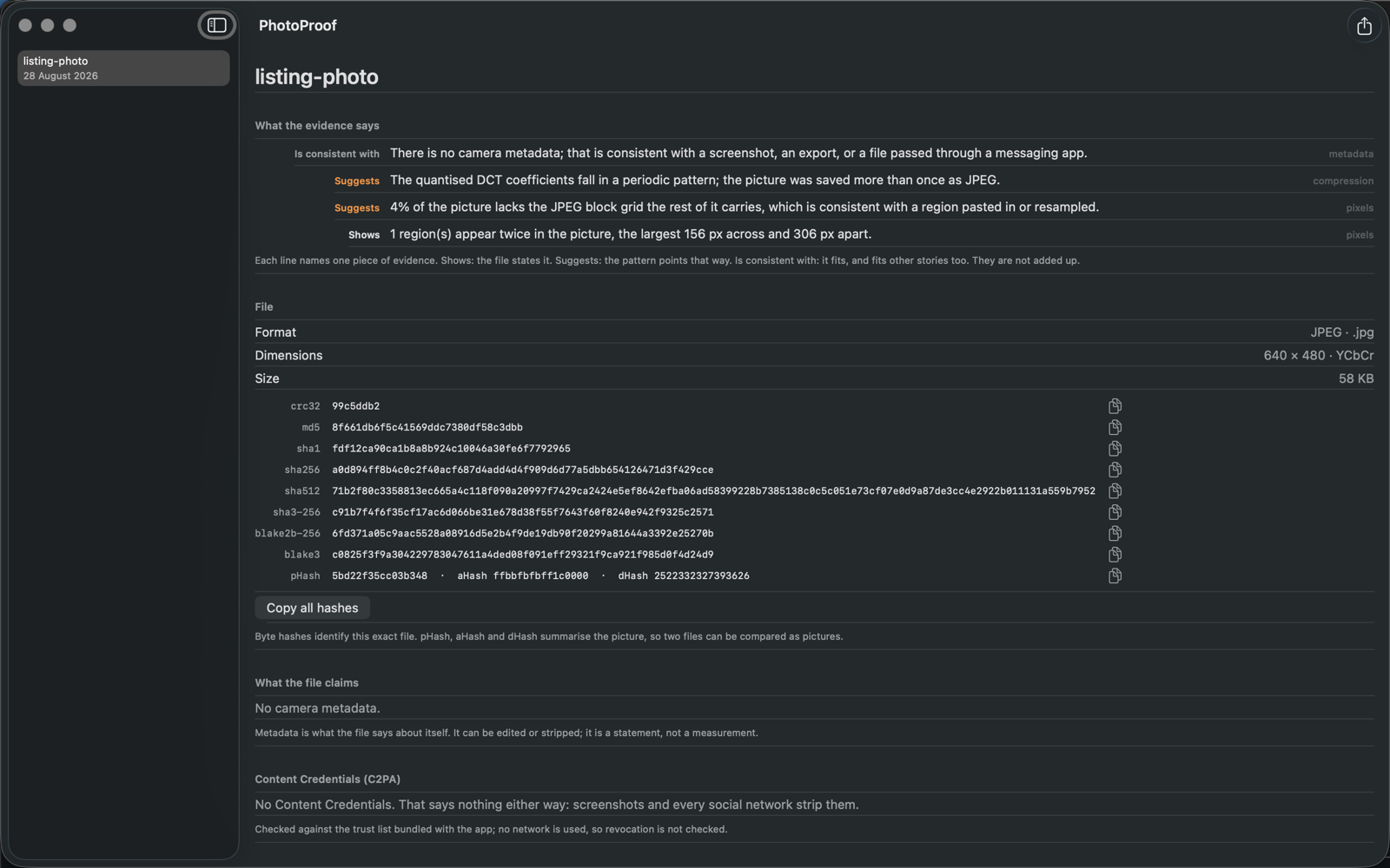 A report: the findings card with four sentences, each labelled shows, suggests or is consistent with; below it the file section with every hash and a copy button per row