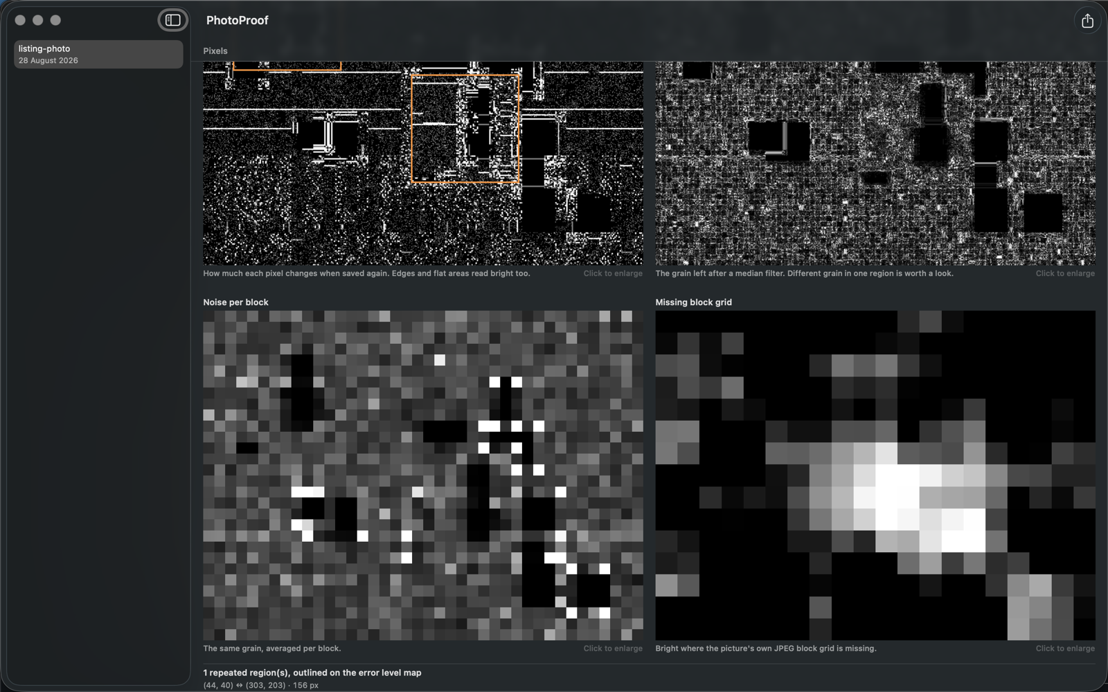 Four maps of the pixels: error level with two repeated regions outlined in orange, noise residual, noise per block, and the map of where the JPEG block grid is missing