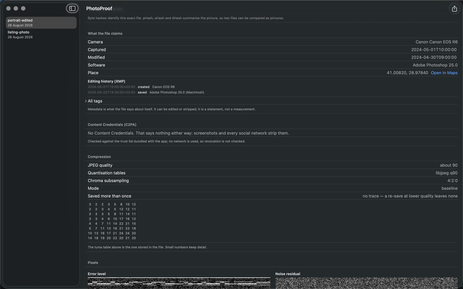 What the file claims: camera, capture and modify dates, software, place, the XMP editing history, and the Content Credentials section with its status codes