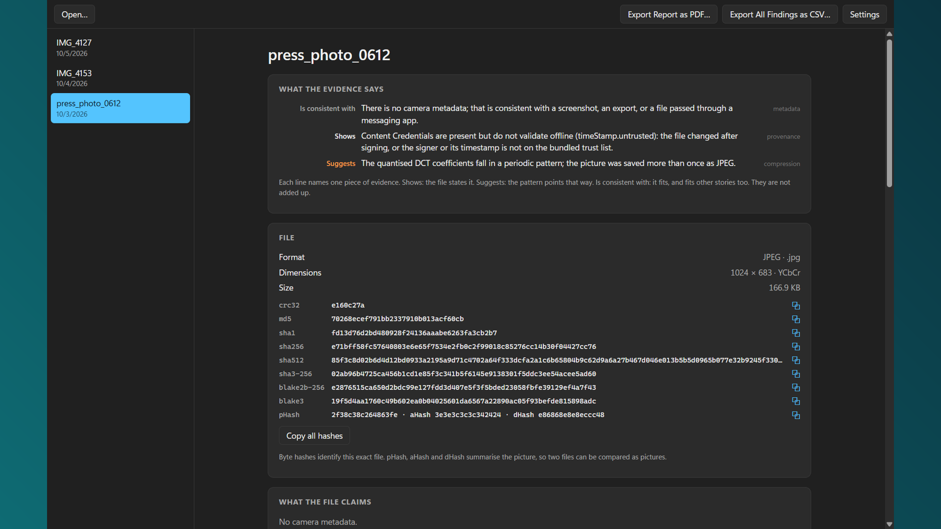PhotoProof on Windows: the library of earlier reports on the left and a report open beside it