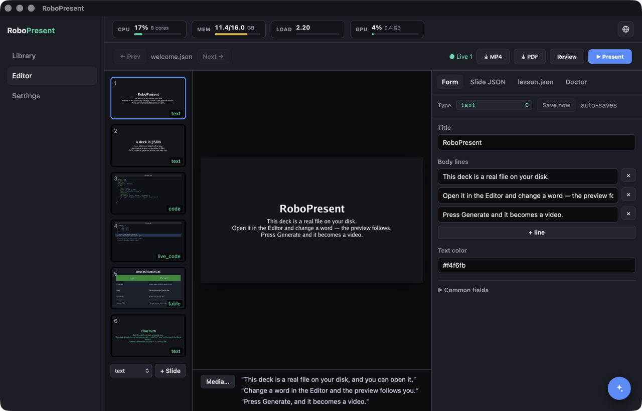 The RoboPresent editor: slide list, live preview, and the form for the selected slide