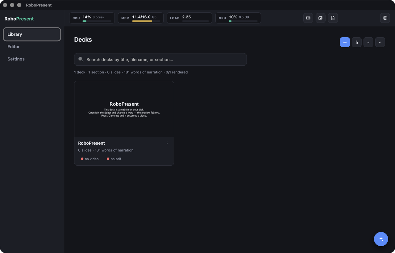 The RoboPresent deck library, listing a deck with its slide and narration counts