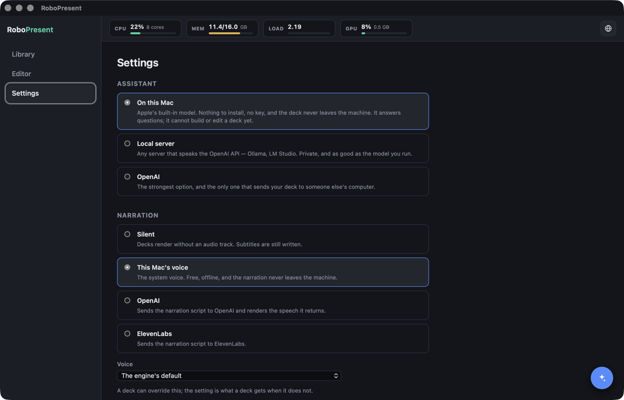 RoboPresent settings, with the assistant set to the model built into macOS