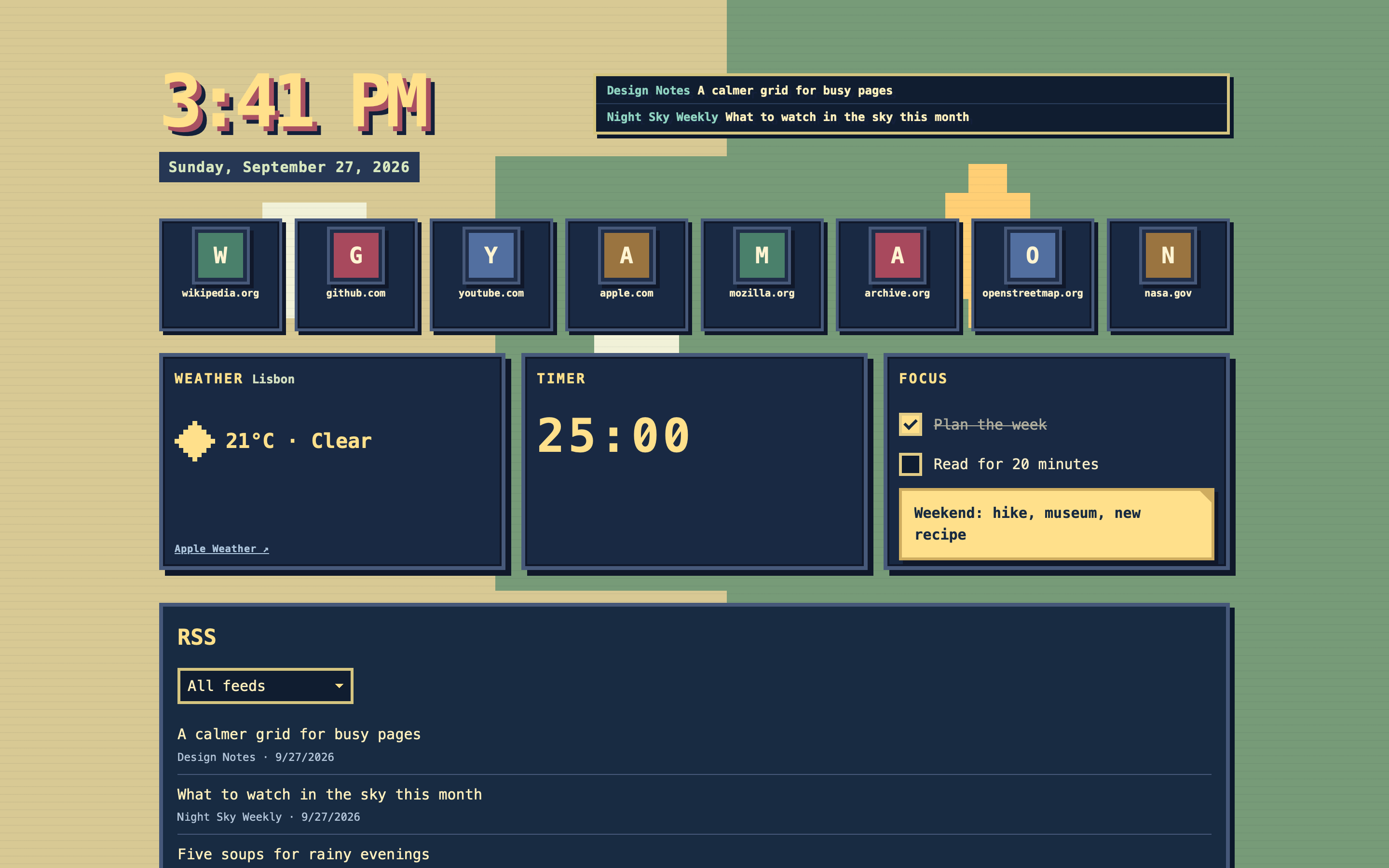 SafoHome new tab with frequently visited sites, a pixel world map, weather, timer and focus widgets