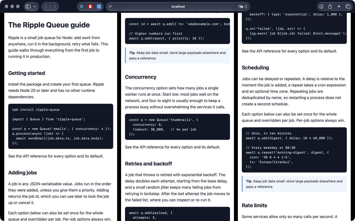 A documentation page in columns, with code blocks and headings