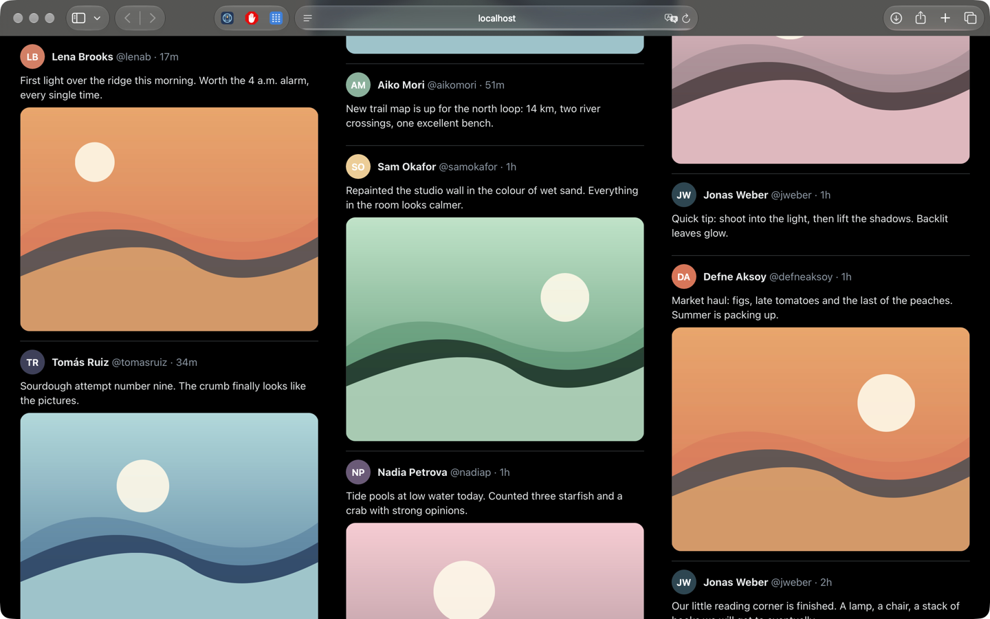 A feed shown as simple cards across columns