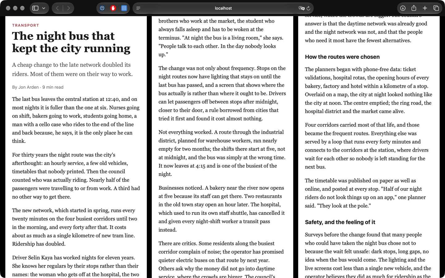 A page with its sidebars and banners hidden, only the content in columns