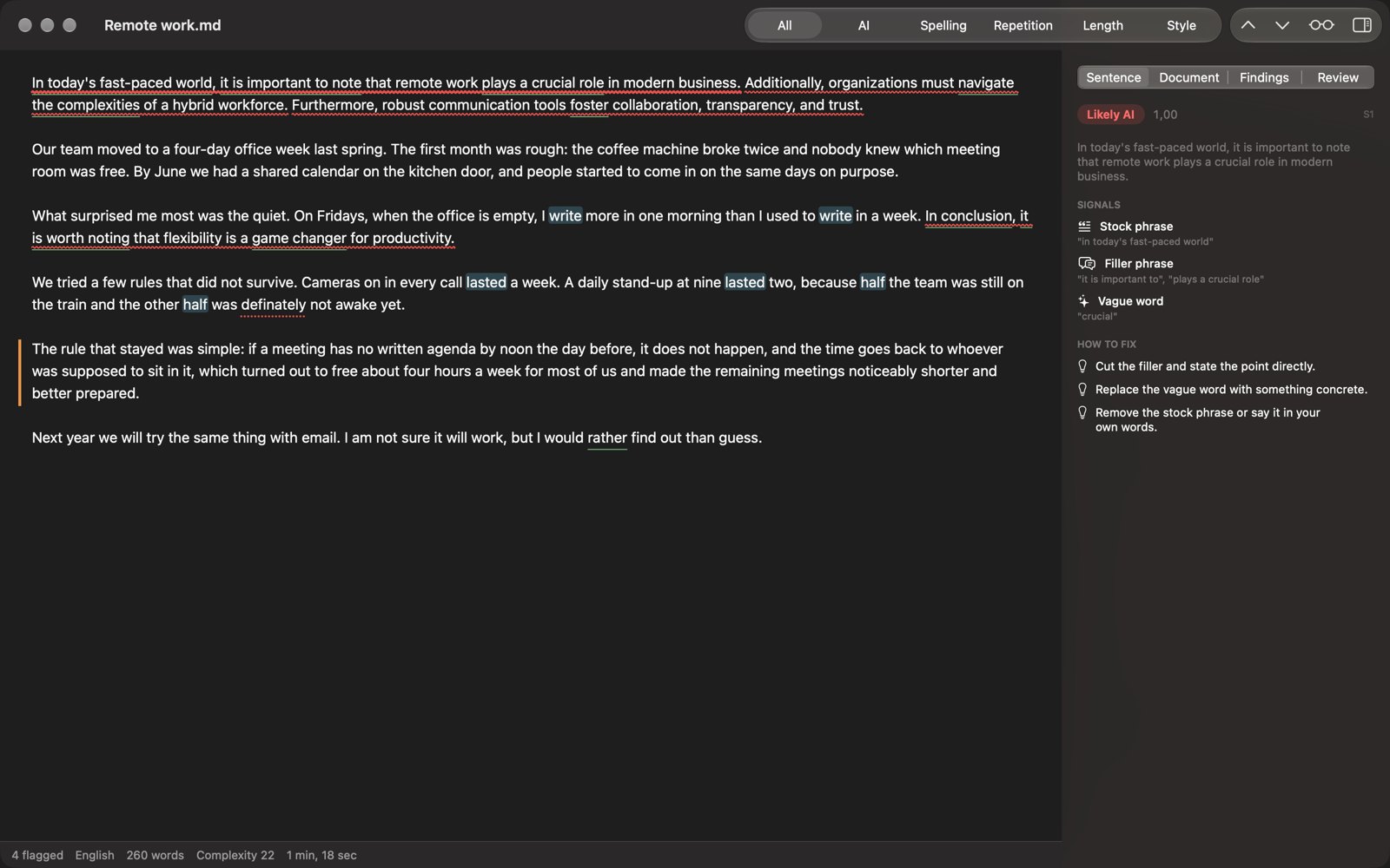 The editor with flagged sentences underlined and the inspector explaining the first one: stock phrase, filler phrase, vague word, and how to fix them