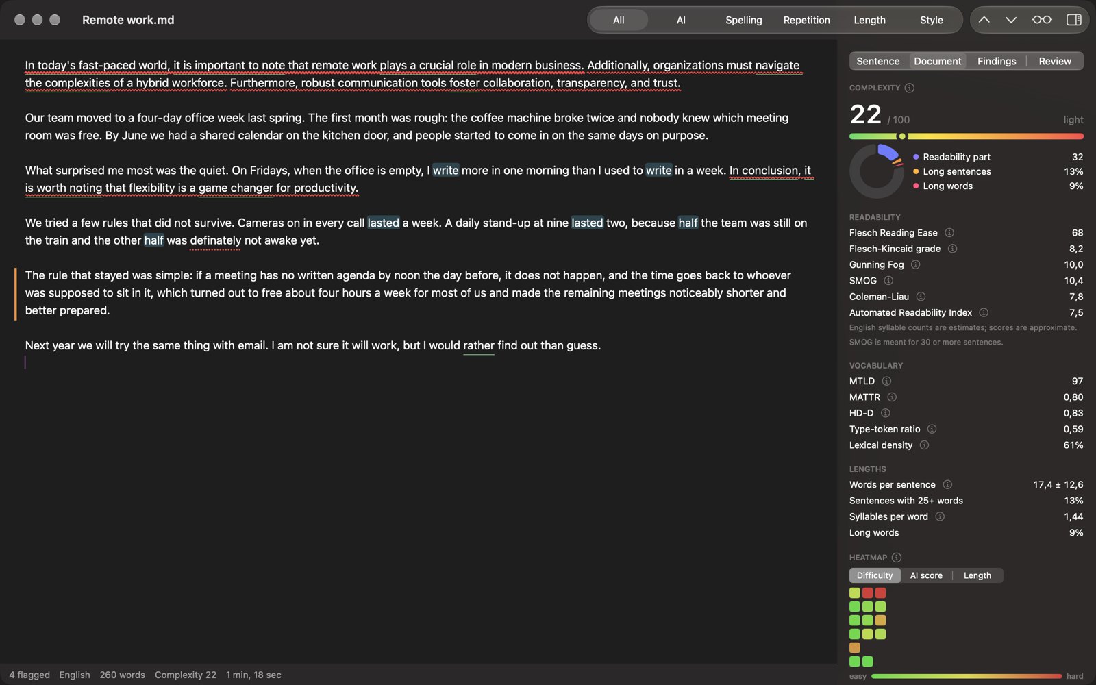 The document panel: a complexity score, readability formulas, vocabulary measures, sentence lengths and a heatmap