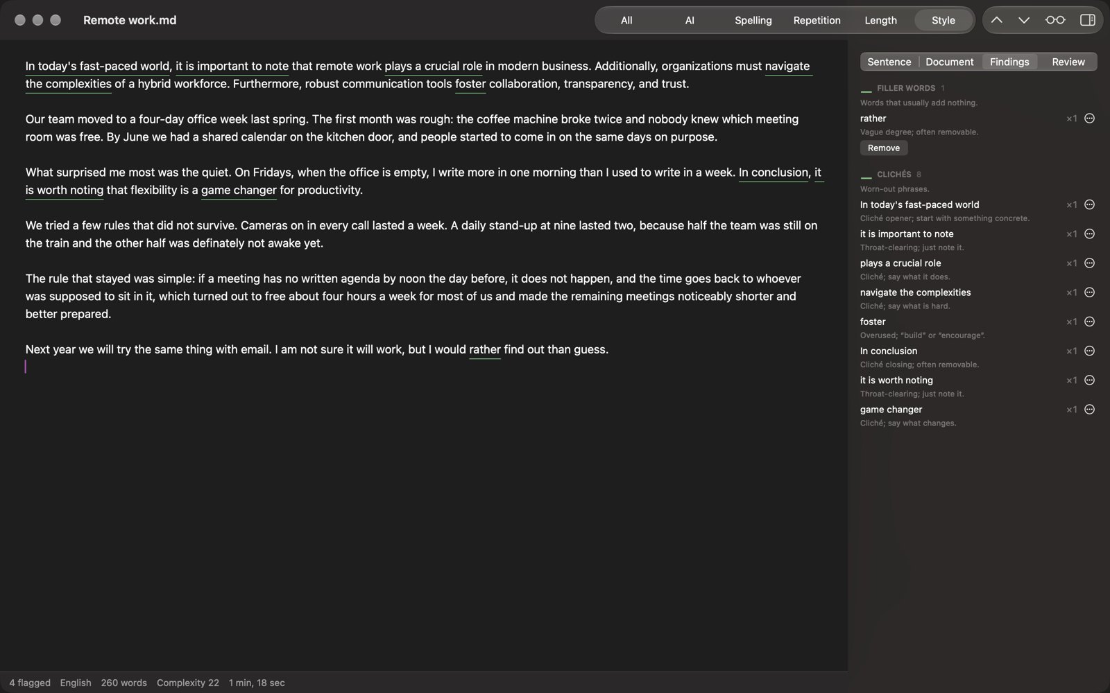 The Style lens: clichés and filler words underlined in the text and listed in the inspector with notes